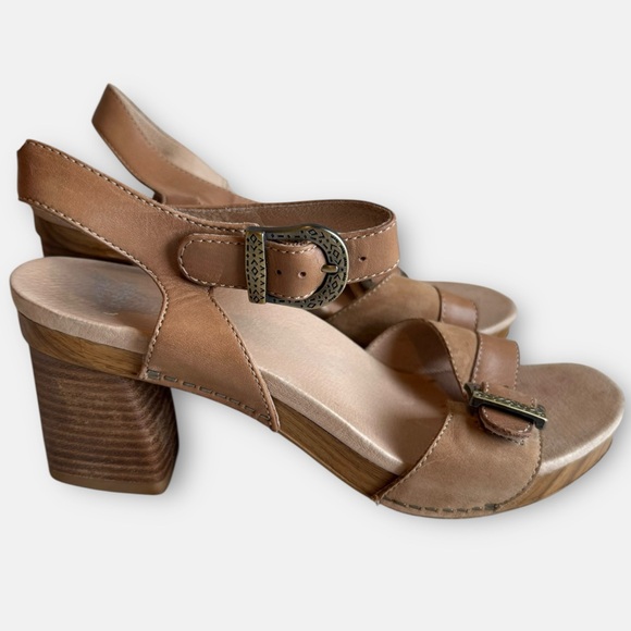 Dansko Anna Sandal Tan Burnished Calf Leather Ankle Strap Block Heel Size 39 - Picture 1 of 7